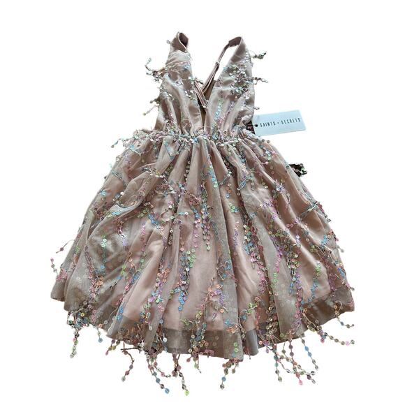 NWT Blush Tulle Dress with Multi-Color Sequin Accents A-line Deep V-neck - Picture 2 of 9